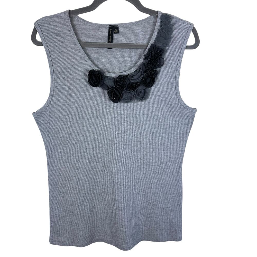 Susan Lawrence 100% Cotton Gray Ribbed Tank Black Gray Floral Detail Size XL